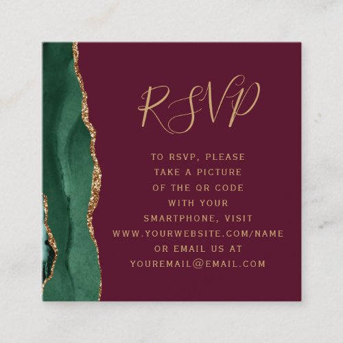 Emerald Green Agate Burgundy Wedding QR Code RSVP Enclosure Card