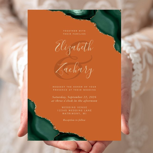 Emerald Green Agate Corners Burnt Orange Wedding Invitation (Creator Uploaded)