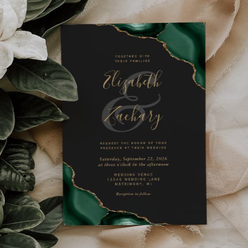 Emerald Green Agate Corners Dark Wedding Invitation