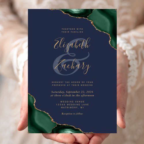 Emerald Green Agate Corners Navy Blue Wedding Invitation
