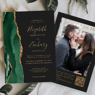 Emerald Green Agate Dark Photo QR Code Wedding Invitation