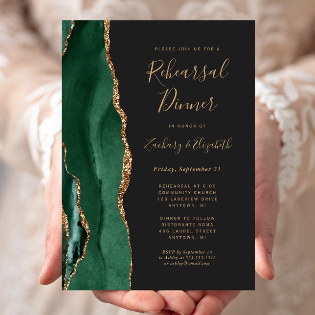  Emerald Green Agate Dark Wedding Rehearsal Dinner Invitation (Creator Uploaded)