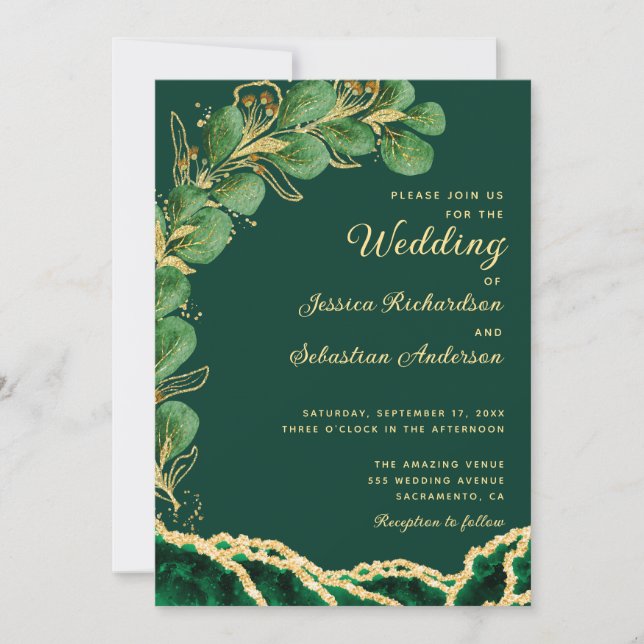 Emerald Green Agate Eucalyptus Jewel Tone Wedding Invitation (Front)