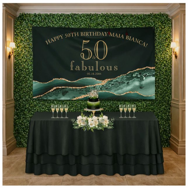Emerald Green Agate Fifty Fabulous Celebration Banner (Elegant 50th birthday banner on greenery wall with dessert table)