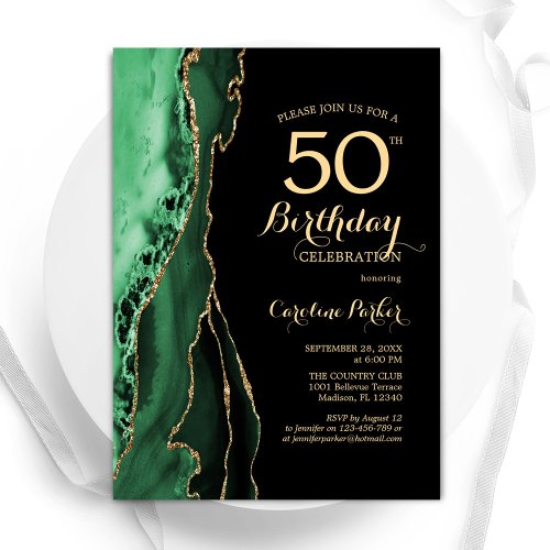 Emerald Green Agate Gold Black 50th Birthday Invitation