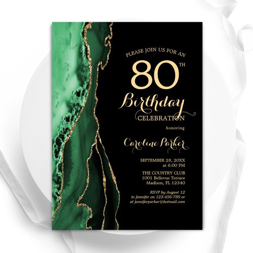 Emerald Green Agate Gold Black 80th Birthday Invitation