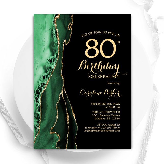 Emerald Green Agate Gold Black 80th Birthday Invitation (Creator Uploaded)