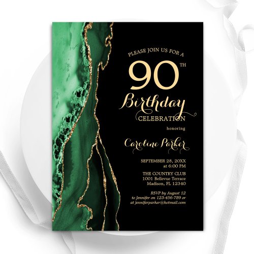 Emerald Green Agate Gold Black 90th Birthday Invitation