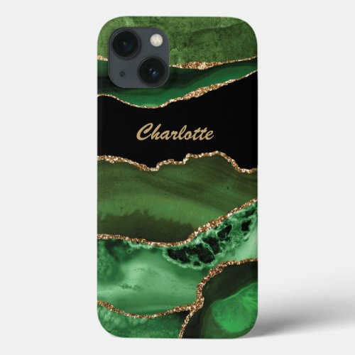 Emerald Green Agate Gold Black Marble Stone Name iPhone 13 Case
