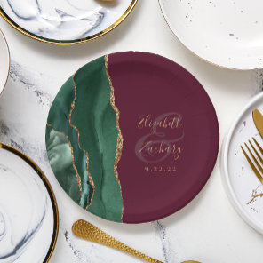 Emerald Green Agate Gold Burgundy Wedding Paper Plates
