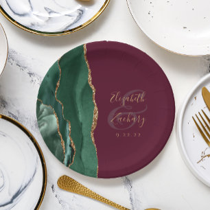 Emerald Green Agate Gold Burgundy Wedding Paper Plates