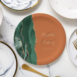 Emerald Green Agate Gold Burnt Orange Wedding Paper Plates
