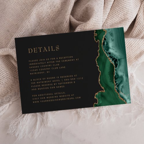 Emerald Green Agate Gold Dark Wedding Details Enclosure Card