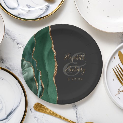 Emerald Green Agate Gold Dark Wedding Paper Plates