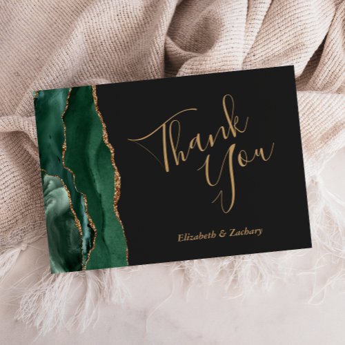 Emerald Green Agate Gold Dark Wedding Thank You Card