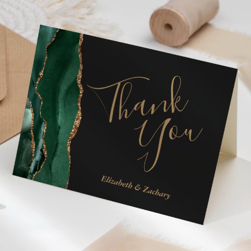 Emerald Green Agate Gold Dark Wedding Thank You Card