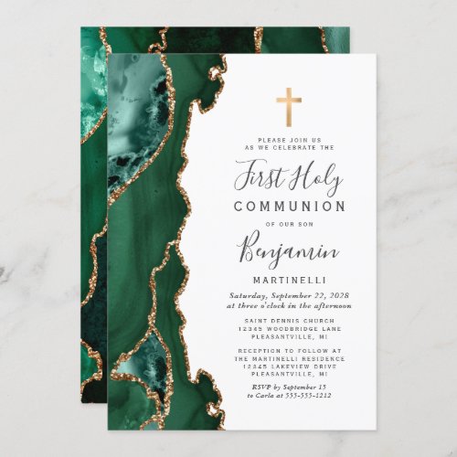  Emerald Green Agate Gold First Holy Communion Invitation