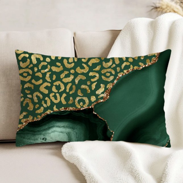 Emerald Green Agate Gold Glitter Leopard Spots Accent Pillow (Creator Uploaded)