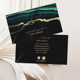 Emerald Green Agate Gold Glitter Script Monogram Business Card