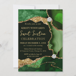 Emerald Green Agate & Gold Glitter Sweet Sixteen Invitation