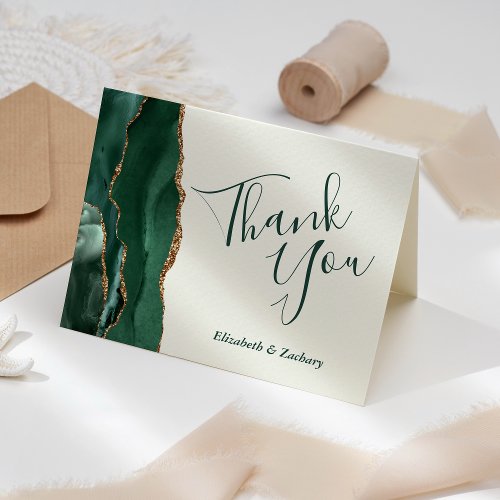 Emerald Green Agate Gold Ivory Wedding Thank You Card