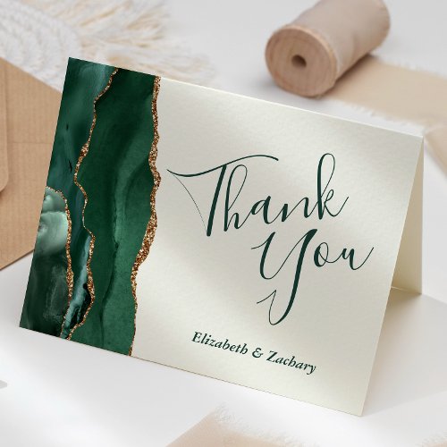 Emerald Green Agate Gold Ivory Wedding Thank You Card