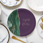 Emerald Green Agate Gold Purple Wedding Paper Plates<br><div class="desc">These elegant modern wedding plates feature an emerald green watercolor design trimmed with faux gold glitter. Easily customize the gold-colored text on a purple background,  with the names of the bride and groom in handwriting calligraphy over a large ampersand.</div>