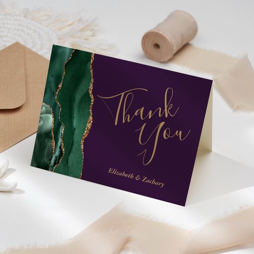 Emerald Green Agate Gold Purple Wedding Thank You Card