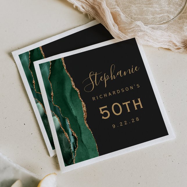 Emerald Green Agate Gold Script Dark 50th Birthday Napkins (Creator Uploaded)