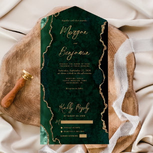 Emerald Green Agate Gold Script Wedding All In One Invitation