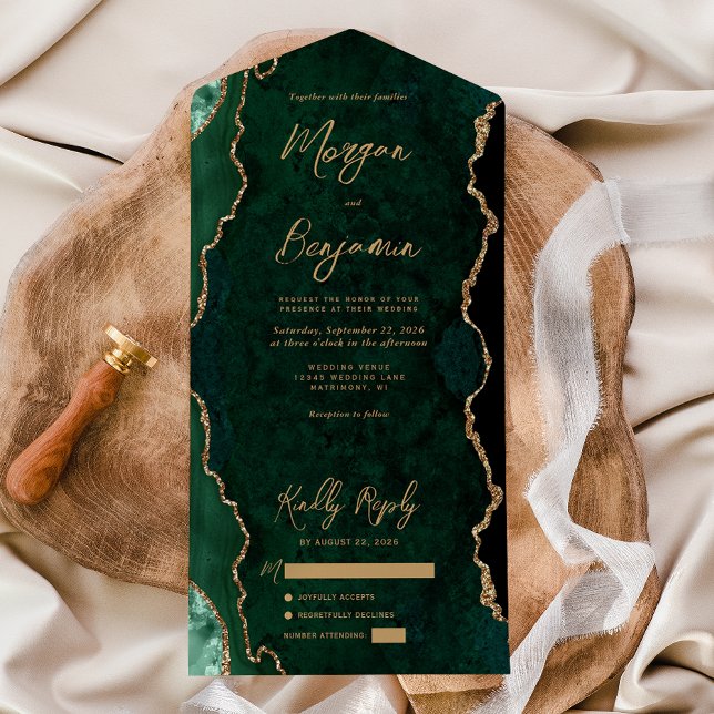 Emerald Green Agate Gold Script Wedding All In One Invitation (Creator Uploaded)