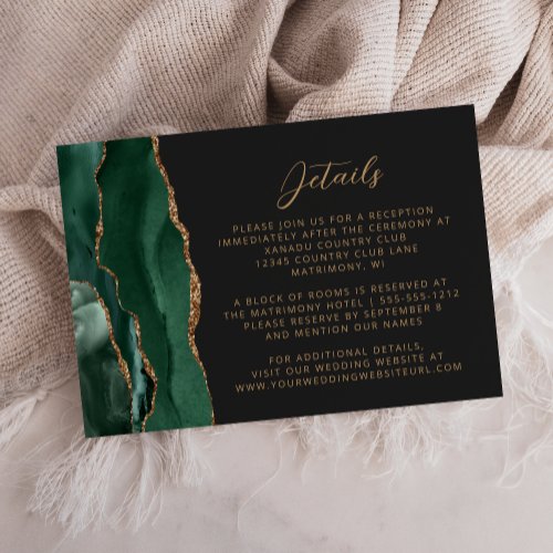 Emerald Green Agate Gold Script Wedding Details Enclosure Card