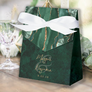 Emerald Green Agate Gold Script Wedding Favor Boxes