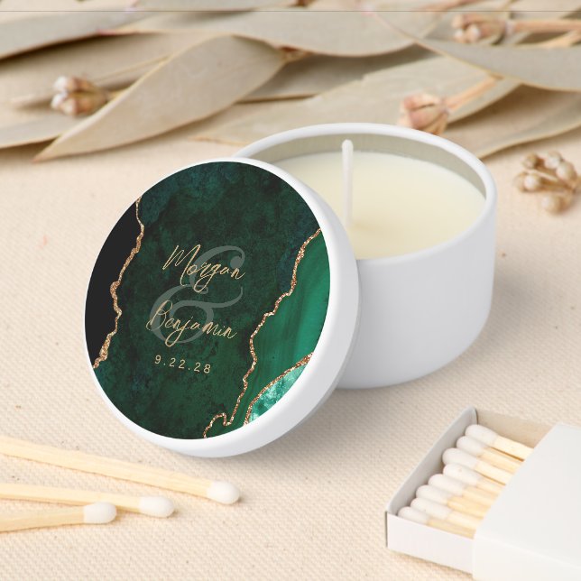 Emerald Green Agate Gold Script Wedding Mini Candle Favors (Insitu)