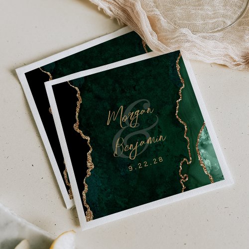 Emerald Green Agate Gold Script Wedding Napkins