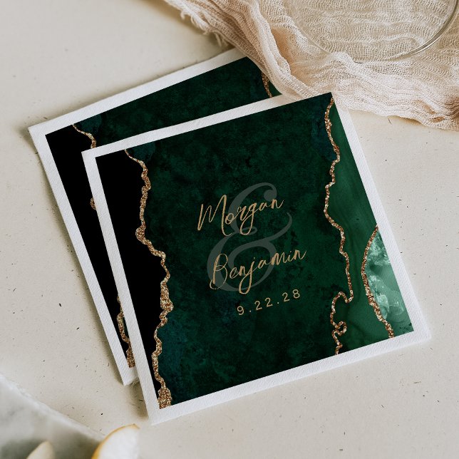 Emerald Green Agate Gold Script Wedding Napkins (Creator Uploaded)