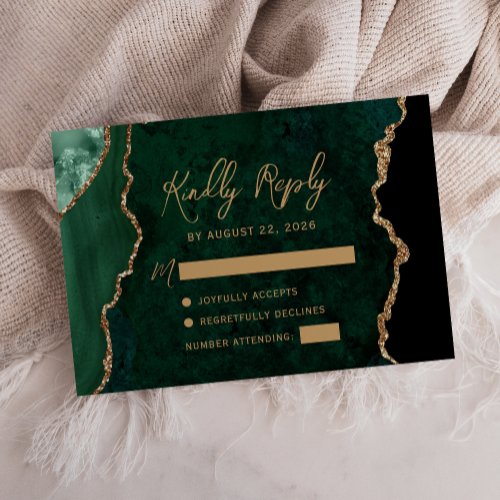 Emerald Green Agate Gold Script Wedding RSVP Card