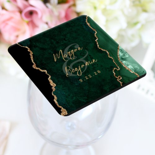 Emerald Green Agate Gold Script Wedding Square Paper Coaster