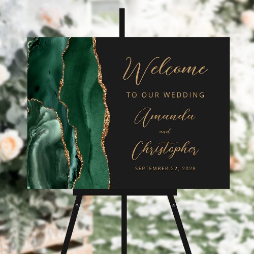 Emerald Green Agate Gold Script Wedding Welcome Foam Board