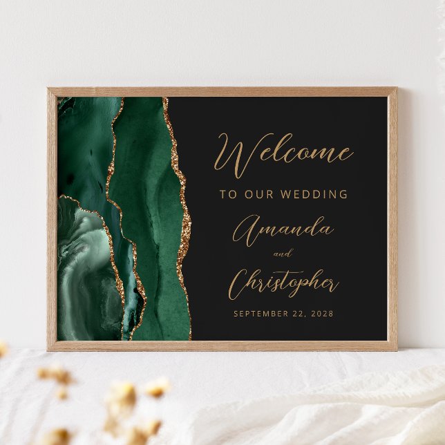 Emerald Green Agate Gold Script Wedding Welcome Poster (Creator Uploaded)