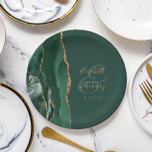 Emerald Green Agate Gold Wedding Paper Plates