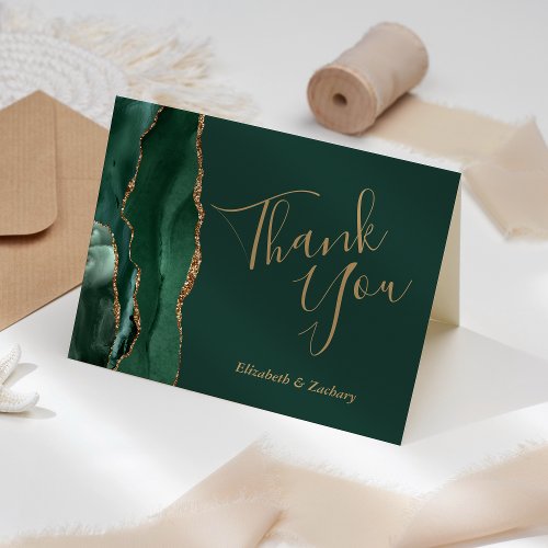 Emerald Green Agate Gold Wedding Thank You Card