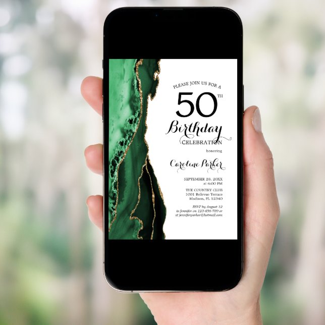 Emerald Green Agate Gold White 50th Birthday Invitation (Front Digital)