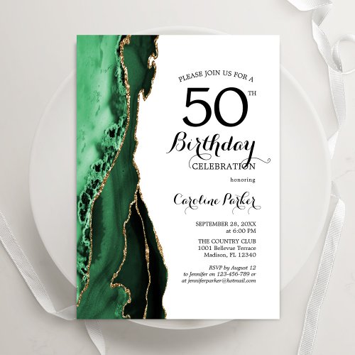 Emerald Green Agate Gold White 50th Birthday Invitation