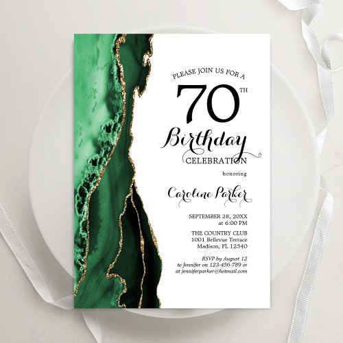 Emerald Green Agate Gold White 70th Birthday Invitation