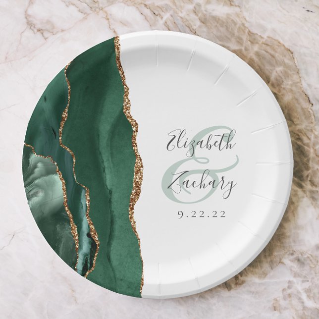 Emerald Green Agate Gold White Wedding Paper Plates (Creator Uploaded)