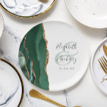 Emerald Green Agate Gold White Wedding Paper Plates<br><div class="desc">These elegant modern wedding plates feature an emerald green watercolor design trimmed with faux gold glitter. Easily customize the green text on a white background,  with the names of the bride and groom in handwriting calligraphy over a large ampersand.</div>