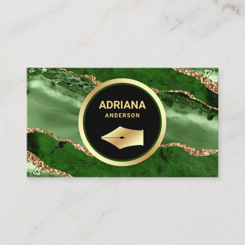 Emerald Green Agate Lawyer Attorney Gold Pen Nib Business Card