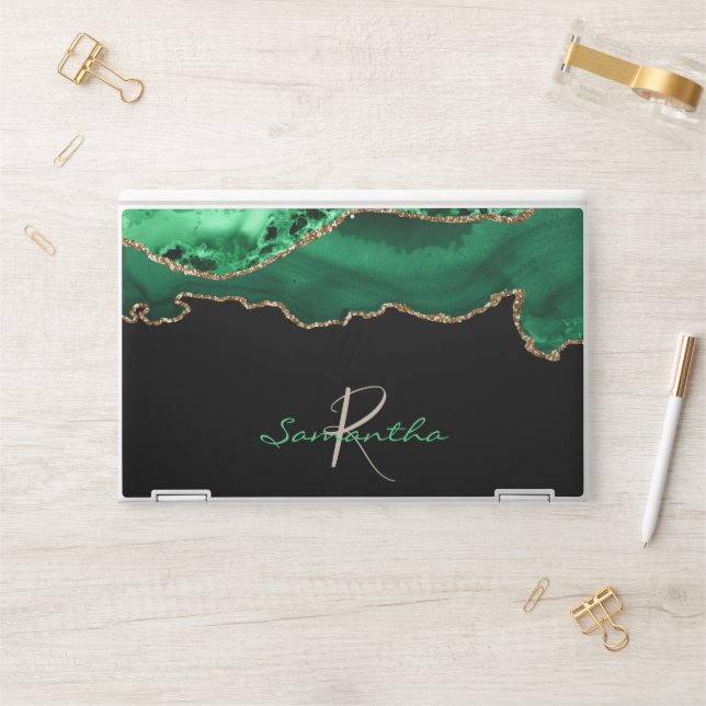 Emerald green Agate Malachite  Monogram HP Laptop Skin (Desk)
