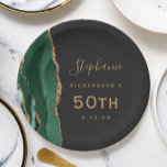 Emerald Green Agate Marble Gold Dark 50th Birthday Paper Plates<br><div class="desc">These elegant modern 50th birthday plates feature an emerald green watercolor design trimmed with faux gold glitter on an off-black background. Easily customize the gold-colored text with the guest of honor's name and birthday.</div>
